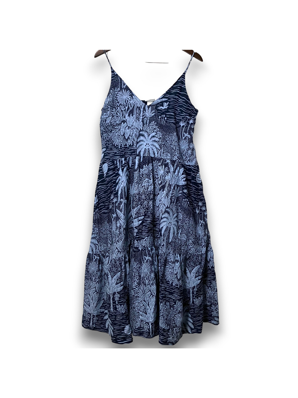 H&M Moody Blue Tropical Tiered Midi Sundress Cotton Modal Sz S Desmond Dempsey